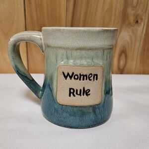 Women Rule Artisan Style Stoneware Mug Oversized Blue Green Hand Painted Glazed